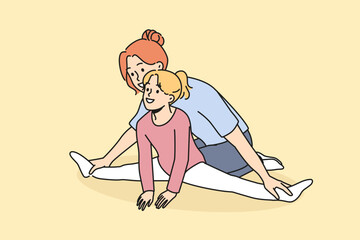 Female trainer help little girl with stretching on training. Woman coach work with happy small kid client in gymnastics studio. Vector illustration. 