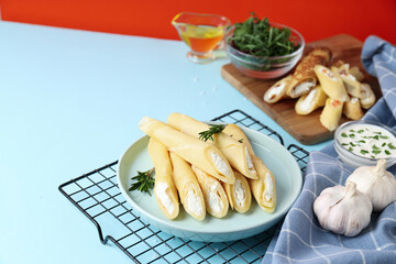 Concept of tasty food, thin pancakes with filling, space for text