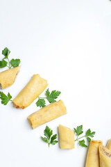 Concept of tasty food, thin pancakes with filling, space for text