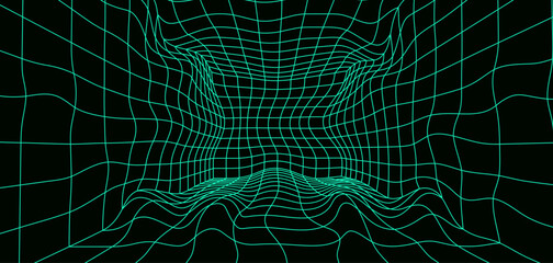 3D futuristic wavy wireframe room on green background. Digital perspective grid. Vector illustration.