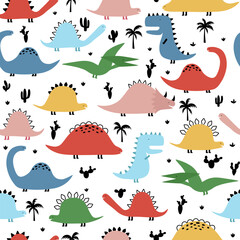 Seamless pattern with cute dinosaurs, palms and cacti for children print.