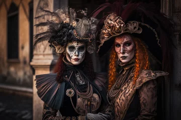 Gardinen Portrait of a couple, woman and man in traditional Venetian carnival costume with mask and ornaments. Generative ai © Lukas Juszczak