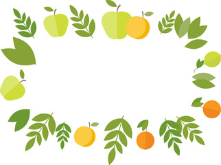 Frame of fruits - apples, oranges, peach, and green leaves in flat