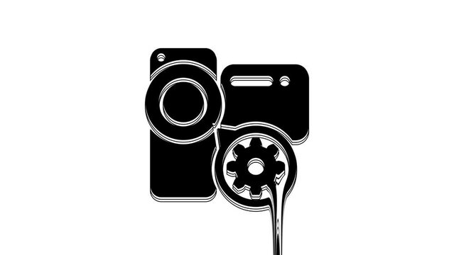 Black Video camera and gear icon isolated on white background. Adjusting app, service concept, setting options, maintenance, repair, fixing. 4K Video motion graphic animation