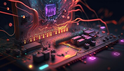 Motherboard and processor cinematic concept art, render, macro shot