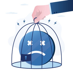 Human hand closes a bad mood and negative emotions in cage. Positive thinking, good mood helps to live and work. Negative emoji in birdcage. Mental health, psychology of success.