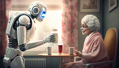 White humanoid robot hands a glass of milk to a senior citizen. It cares for the old lady in her room in a retirement home or at home. Generative AI. - obrazy, fototapety, plakaty