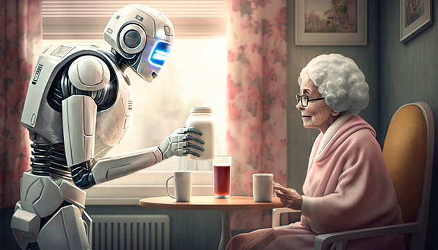 White humanoid robot hands a glass of milk to a senior citizen. It cares for the old lady in her room in a retirement home or at home. Generative AI.
