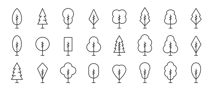 Set of trees linear vector icon. Geometric tree shape, plants, pine, nature and ecology related vector symbol hand drawn contour collection. Line art illustration design for logo, sticker, branding.