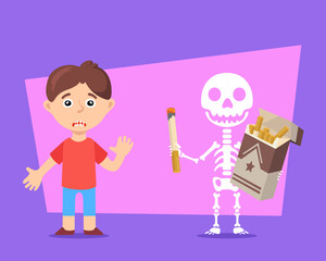 Boy and skeleton with cigarettes vector illustration. Cartoon male character standing scared and skeleton smoking on purple background. Smoking effects. Campaign, healthcare, addiction concept