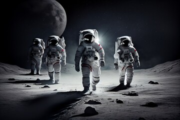 Astronauts team is walking on the moon. Generative AI, Generative, AI - obrazy, fototapety, plakaty