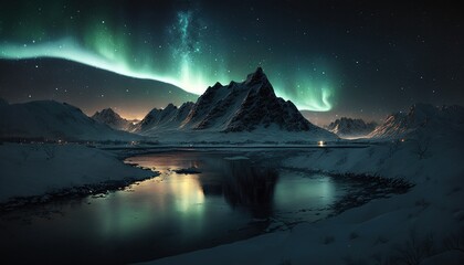 northern lights, mountains, lake, Generative ai