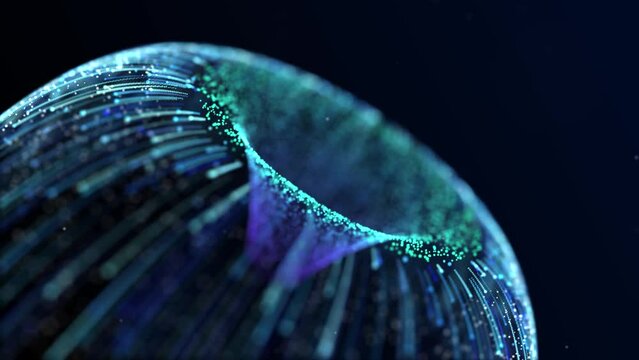 Animation of neon abstract particles in the shape of a human eye, clean lines, shallow depth of field