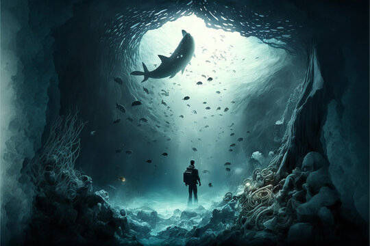Deep sea, anxious dark fantasy concept illustration. Man standing in the cave in the deep sea, and looking up dolphin and fish. Fictional person and place. Made with Generative AI