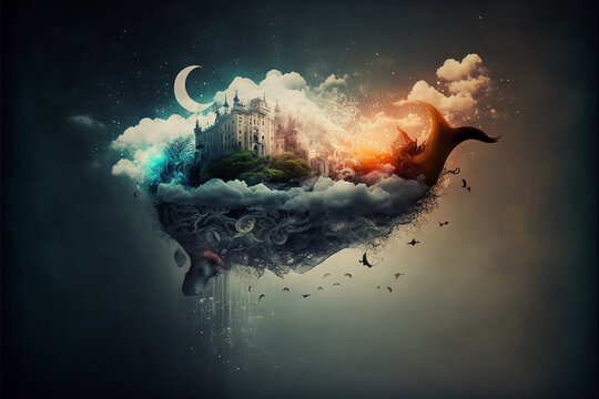 Abstract conceptual illustration of dream. A fictional house or castle is in dream. Colorful, inner world, fantasy dreams, night, imagination, inspiration concept. Made with Generative AI