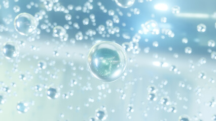 3D rendering Cosmetics Serum bubbles on defocus background. Miracle bubble design for cosmetics. Transparent balls, holographic liquid blobs floating in space, and artistic bubbles.