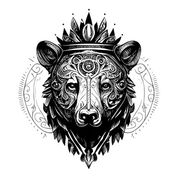 This design features a majestic bear head adorned with a crown, symbolizing strength, courage, and royalty. The intricate details and bold lines create a powerful image