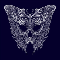 a skull with delicate butterfly wings, representing transformation and the fleeting nature of life. A fusion of beauty and death
