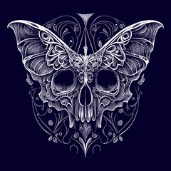 a skull with delicate butterfly wings, representing transformation and the fleeting nature of life. A fusion of beauty and death