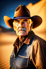 Old white cowboy with a wide hat in the light of the desert sunset, graphically enhanced, made with generative AI