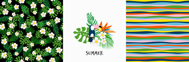 Seamless pattern set with bird, leaves and flowers. Cute design for suumer clothes, fabric design, wrapping © barberry