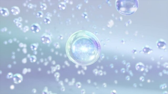 Numerous liquid bubbles in water rise up close-up on a light blue background. extra-slow motion stunning shiny blobs or droplets of moisturizing bubble Design for 3D animation