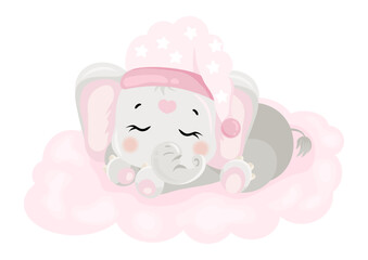 Obraz na płótnie Canvas Cute baby pink elephant sleeping on cloud