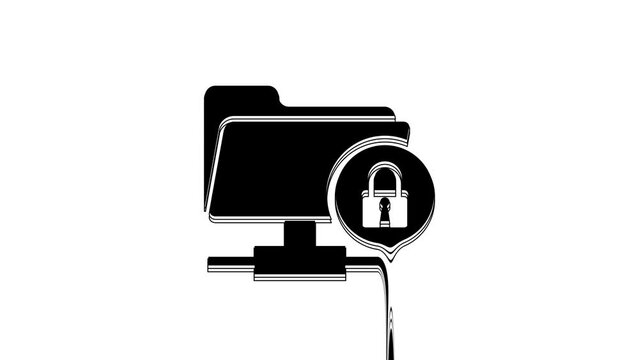 Black FTP folder and lock icon isolated on white background. Concept of software update, ftp transfer protocol. Security, safety, protection concept. 4K Video motion graphic animation