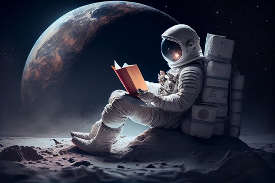 Astronaut reading the book on the moon. Generative AI, Generative, AI