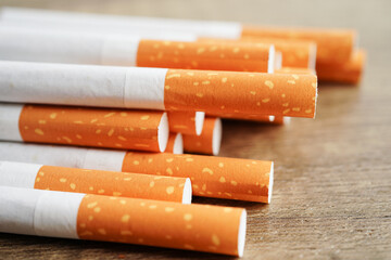 Cigarette, roll tobacco in paper with filter tube, No smoking concept.