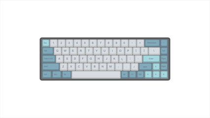 Vector Mechanical keyboard with white and blue colour retro vintage PBT keycaps 68% layout with isolated transparent background illustration