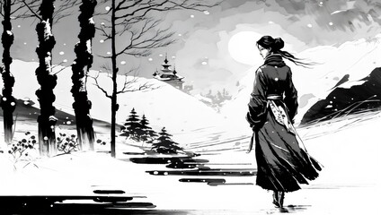 Fototapeta na wymiar sumi-e style ink painting of a woman walking through a snowy landscape made with generative ai