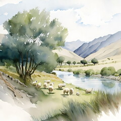 watercolor landscape with grazing sheep, river and mountains, made with generative ai