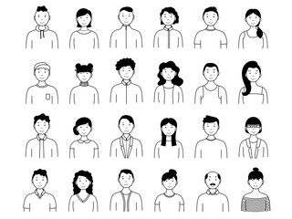 Collection of portraits of people. Simple set of male and female avatars. Illustration on transparent background