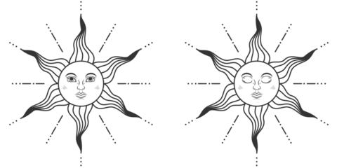 Pair of suns with open and closed eyes in medieval style. Illustration on transparent background