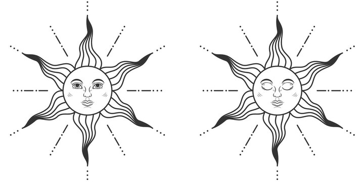 Pair of suns with open and closed eyes in medieval style. Illustration on transparent background