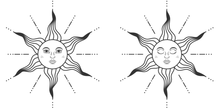 Pair of suns with open and closed eyes in medieval style. Illustration on transparent background