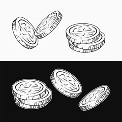 Set of coins with dollar sign. Detailed vector illustration in vintage style on black, white background