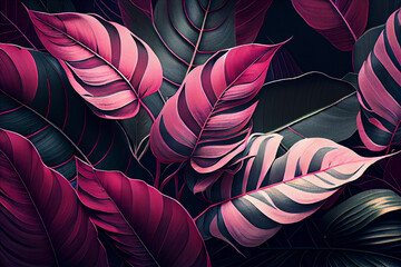  Plant leaves pink background, floral tropical leaves pattern for wallpaper, Generative AI 