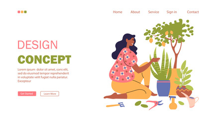 Landing page template with black woman taking care of indoor plants at home. Care and cultivation of indoor plants, hobby, recreation. A girl with plants and a tool for care. Flat vector.
