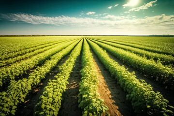 Green ripening soybean field,  Soy agriculture, agricultural landscape. Agricultural soy plantation on field with sunset. generative ai - obrazy, fototapety, plakaty