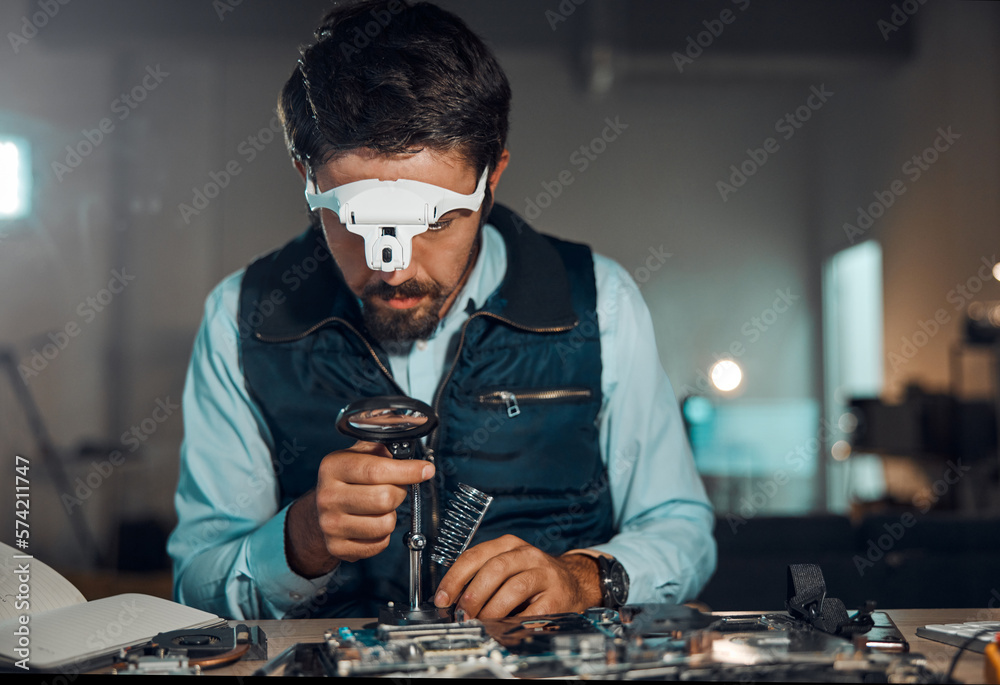 Poster Technician, engineer and IT professional repair motherboard, microcircuit or electronic device in a workshop or shop. Person, man and guy fixing hardware of a computer for technology in a lab