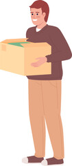 Smiling man with clothes in cardboard box semi flat color vector character. Editable figure. Full body person on white. Simple cartoon style spot illustration for web graphic design and animation