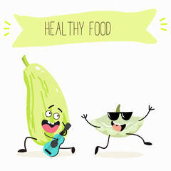 Illustration with funny characters marrow, pattypan,courgette, crop, zucchini, patisson.  Funny and healthy food. Vitamins, cute face food, ingredients, vegetarianism, vector cartoon, antioxidant.