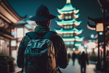 Obraz premium City Adventures at Night: Exploring Asia's Stunning Pagoda Architecture - AI Generative