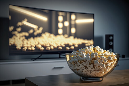 Glass bowl of popcorn in the background the TV works. Evening cozy watching a movie or TV series at home. Created with Generative AI technology