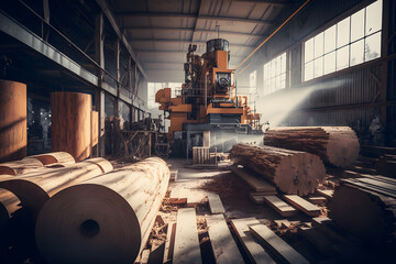 Woodworking sawmill production and processing of wooden boards in a modern industrial factory assembly line in production. Neural network AI generated art - obrazy, fototapety, plakaty