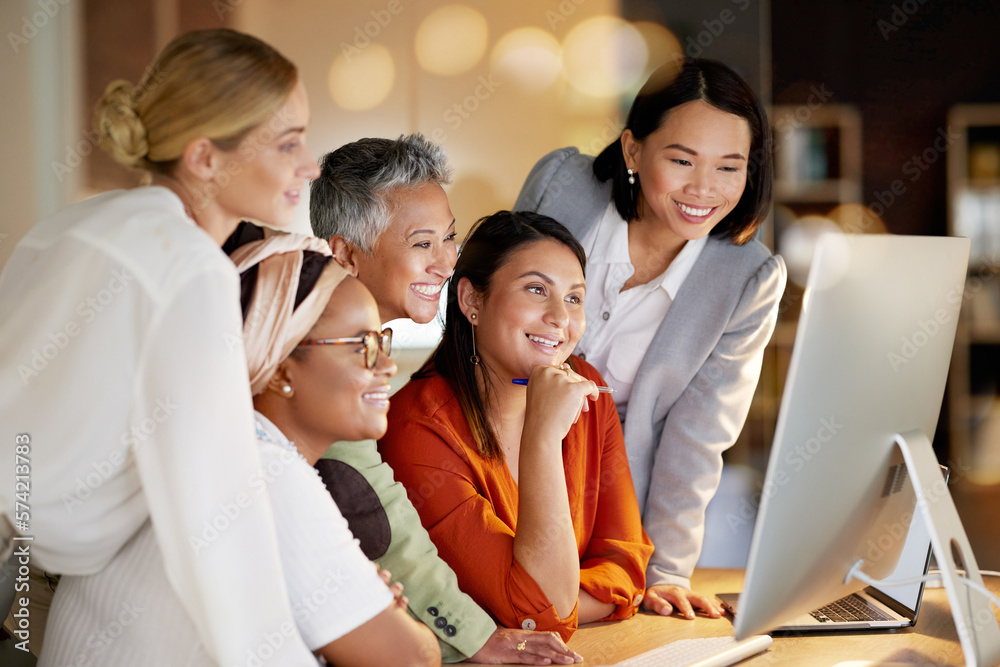 Canvas Prints Happy, women and creative collaboration on computer at night in office for teamwork, planning or design. Lady, partnership or designer team coworking on online project, vision or proposal strategy