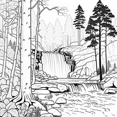 Waterfall landscape in black and white illustration of coloring book. Black line art and contour. Fit for coloring page, comic, poster.