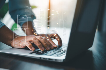Concept of online document management technology. Businesspeople manage corporate databases through cloud, cyberspace technology and large, paperless archives of important, file and online storage.
